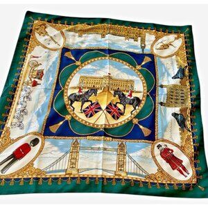 Vintage London Landmark Themed Art of the Scarf Silk 4 Tie Rack 33" Square Royal